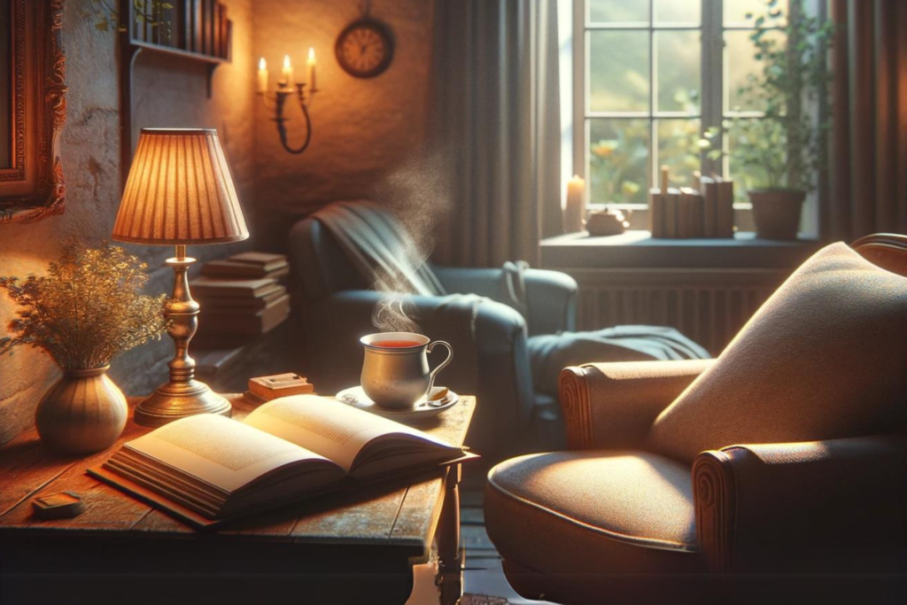A cozy reading corner illuminated by a soft lamp on a wooden table, with an open book and a steaming cup of tea beside it. A comfortable chair is partially visible, and a window in the background shows a tranquil garden, creating a peaceful setting for personal reflection.