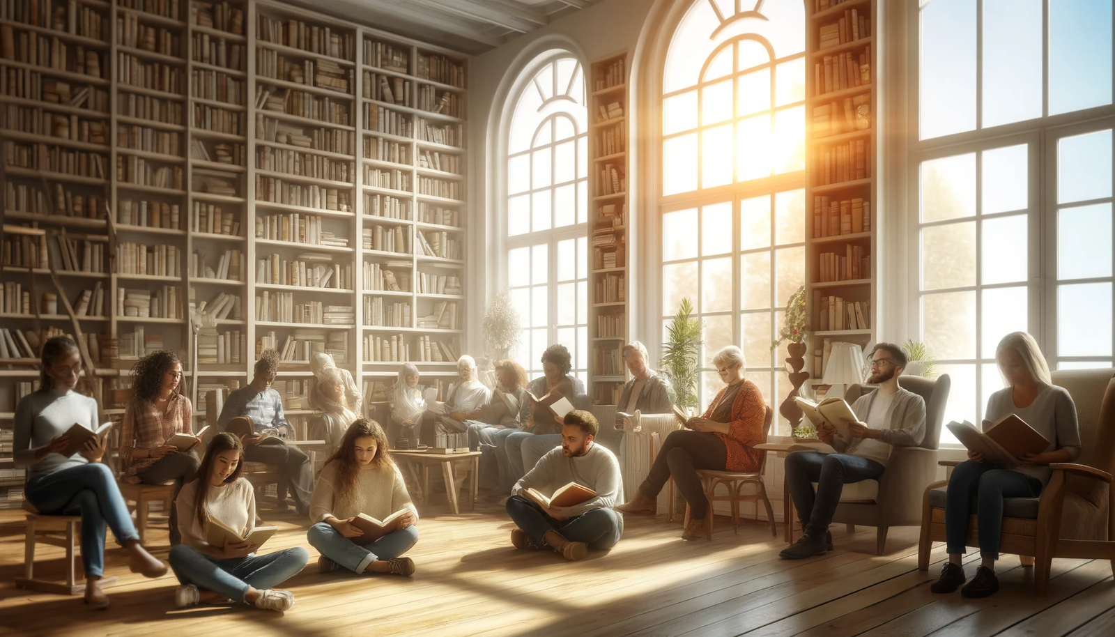 A diverse group of people, including children and adults of various ages and ethnicities, comfortably reading books in a sunlit library filled with shelves of books.