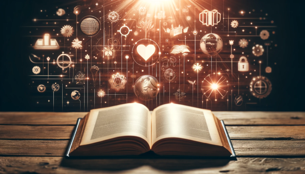 Exploring Literary Themes: Open Book with Symbolic Icons Open book on a wooden desk under soft lighting, with symbolic icons like a globe, a heart, and a gear in the background, representing global issues, emotions, and technological themes in literature.
