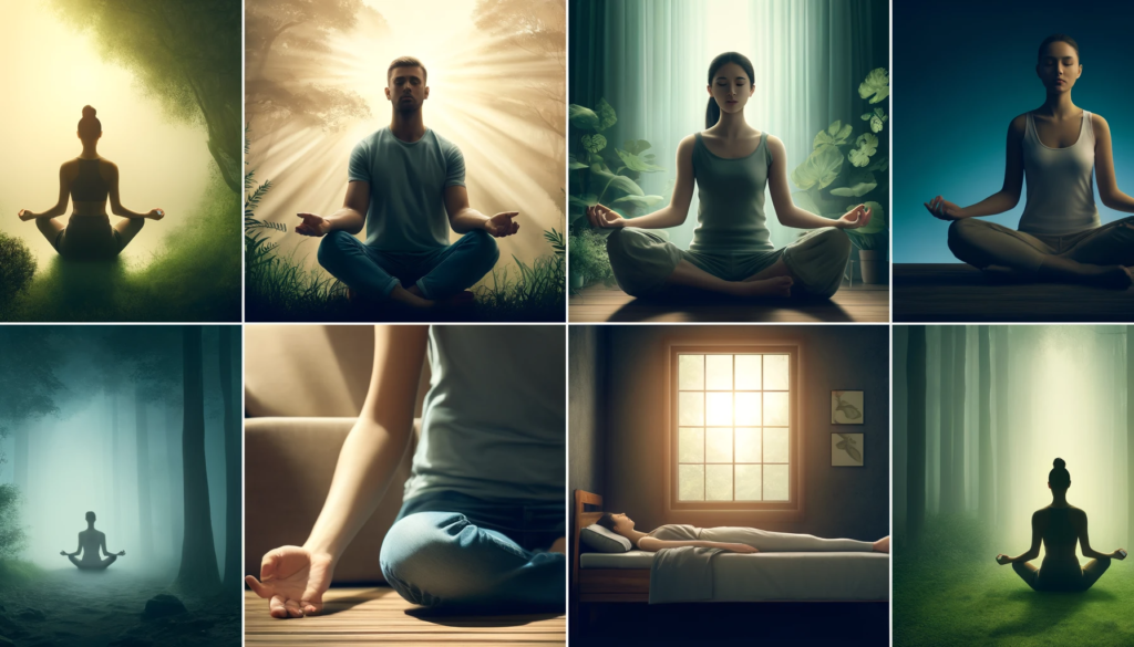 A collage of mindfulness techniques showing a person meditating outdoors in a cross-legged position, another practicing deep breathing with eyes closed in a serene indoor setting, and a third lying down doing a body scan meditation in a peaceful room.