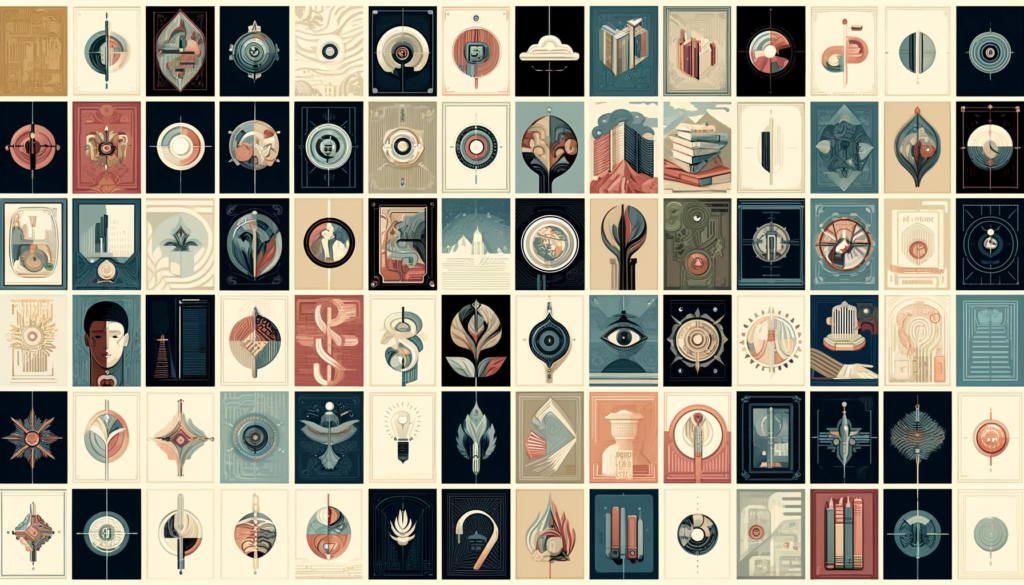 Collage of Thematic Non-Fiction Book Covers on Societal Issues Artistic collage of stylized non-fiction book covers, each designed to represent themes such as education, justice, and technology, overlapping to form a spectrum of modern societal issues.