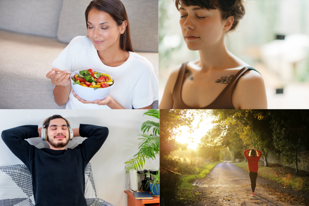 A collage of mindfulness activities: a woman eating a salad mindfully, a woman with eyes closed practicing mindfulness, a man relaxing and listening with headphones, and a person walking mindfully on a tree-lined path