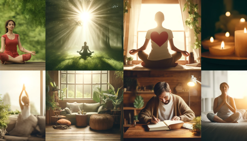 A scene depicting advanced mindfulness practices: a person sitting in meditation in a natural, outdoor setting with sunlight filtering through the trees, and another person writing in a gratitude journal in a cozy, well-lit room with plants and wooden furniture.