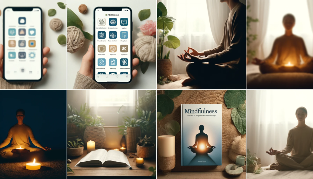 A collection of mindfulness resources: a smartphone displaying meditation apps and a person reading a mindfulness book in a cozy setting with natural elements like plants and soft lighting.