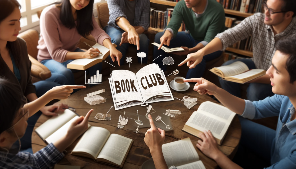 Engaging Book Club Discussion Among Diverse Readers Diverse group of individuals engaged in a lively book club discussion in a casual setting, with members pointing to and discussing open books and notes, symbolizing interactive literary exploration.