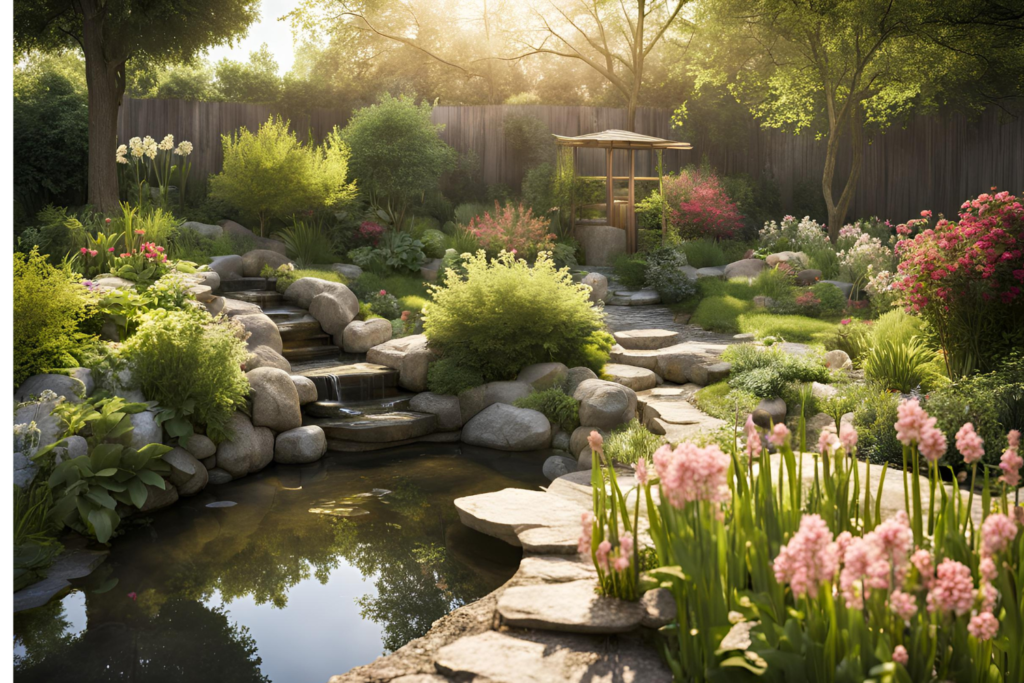 A tranquil scene of a peaceful garden with a small pond, blooming flowers, and natural elements like trees and sunlight filtering through.