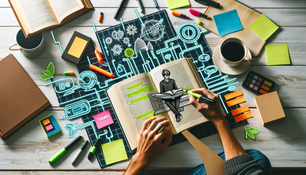 Home Study: Engaging with Themes in Non-Fiction Literature Person in a cozy home environment analyzing themes in a book, surrounded by sticky notes, digital devices, and reference materials, reflecting a deep engagement in thematic exploration.