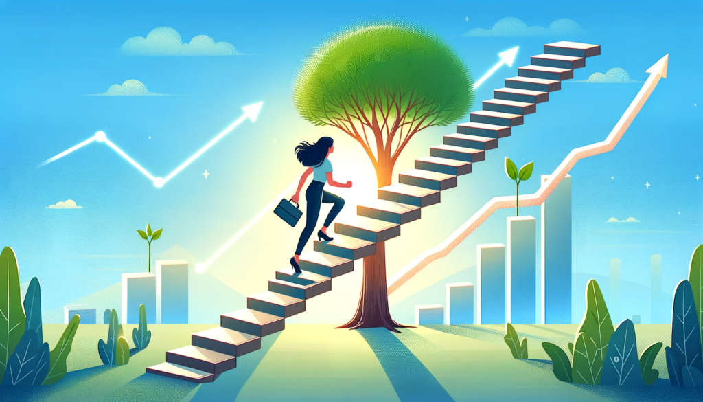 A woman climbing stairs with a growing tree in the background, symbolizing continuous personal growth.