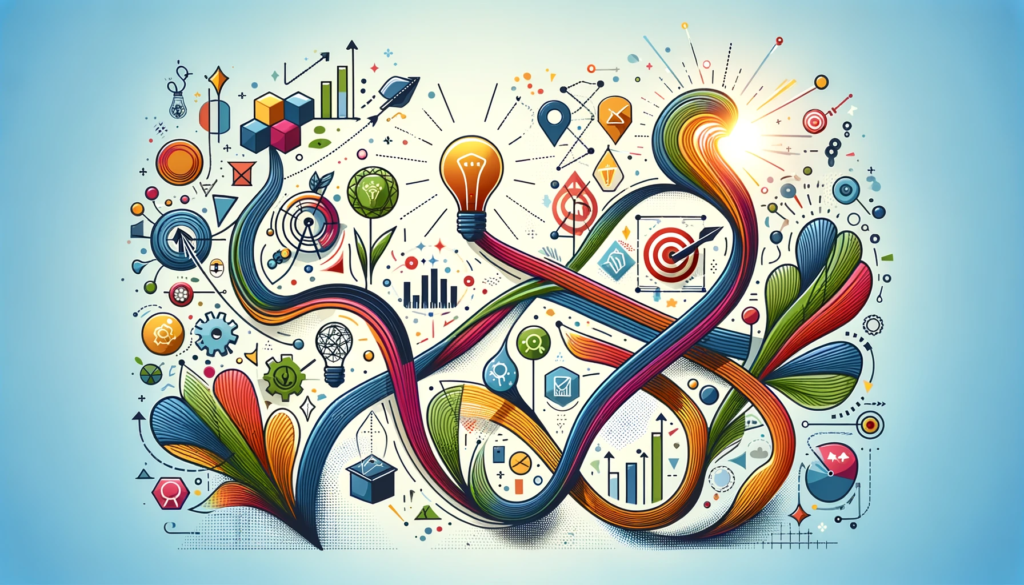 An abstract illustration with interconnected shapes and lines, featuring icons such as a lightbulb, target, and plant, symbolizing various strategies for personal growth.