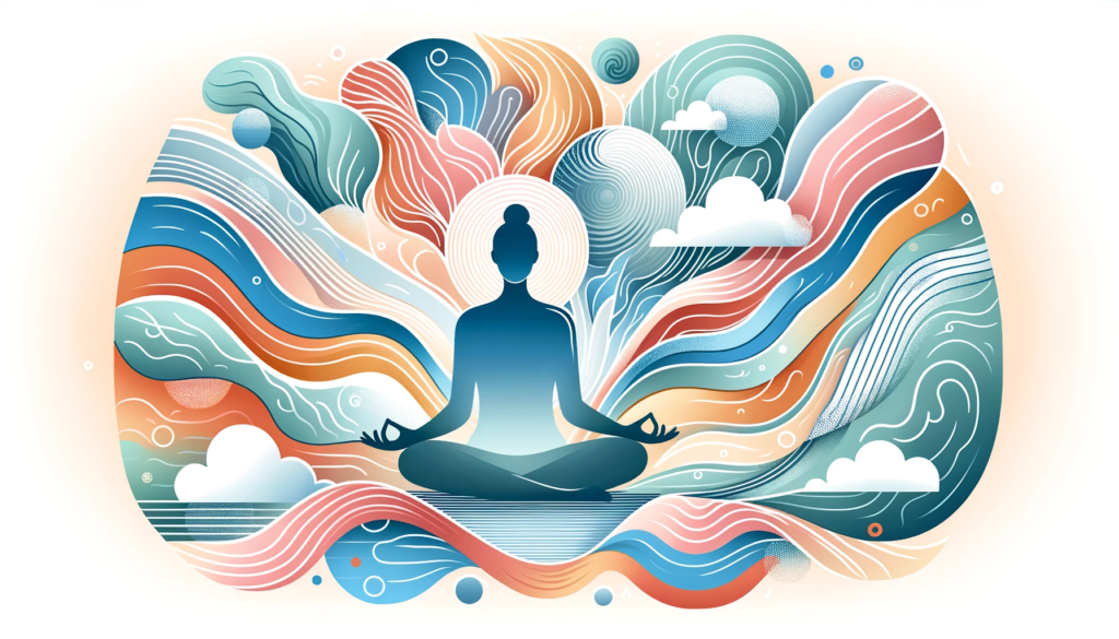 Illustration of a person sitting in a cross-legged position, surrounded by abstract shapes symbolizing peace and mental clarity.