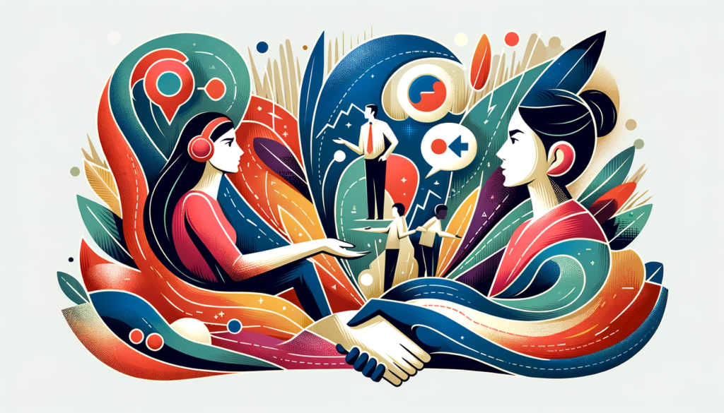 Abstract illustration showing effective communication strategies: active listening, assertive communication, and conflict resolution.