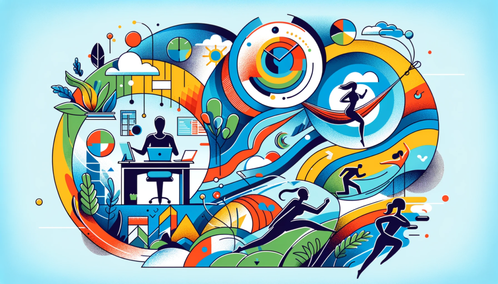 Abstract illustration showing various scenes: a person working at a desk, a person relaxing in a hammock, and a person engaging in physical activity like running or yoga.