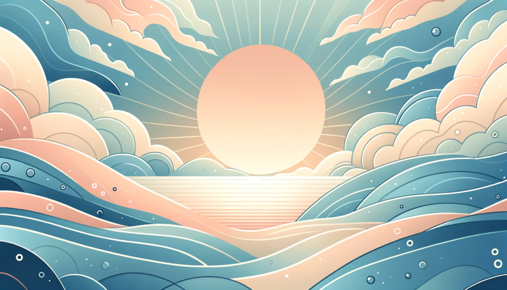 An abstract illustration with a serene and inspiring background, featuring a sunrise over a calm ocean, symbolizing new beginnings and hope, with soft pastel colors.