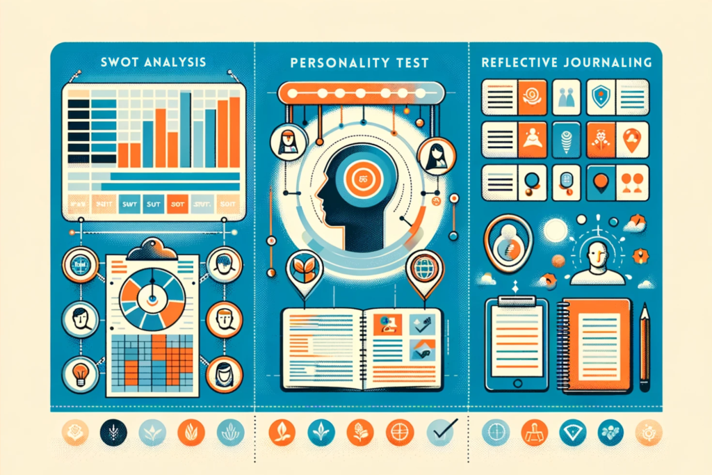 Infographic showing icons representing SWOT Analysis, Personality Tests, and Reflective Journaling as self-assessment techniques for personal growth.