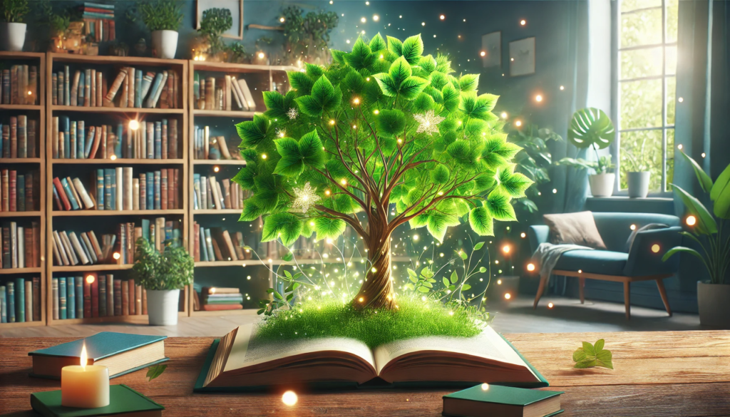 A vibrant, lush tree with glowing green leaves growing out of an open book in a cozy room with soft, natural lighting. Bookshelves filled with books and plants are in the background, adding to the serene and inspiring atmosphere. Small, glowing particles float around the tree, adding a touch of enchantment to the scene