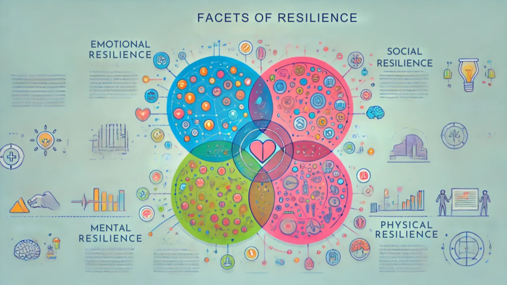 An infographic illustrating the four key facets of resilience: emotional resilience, mental resilience, social resilience, and physical resilience, represented by interconnected circles with simple icons in a clean, minimalistic design.