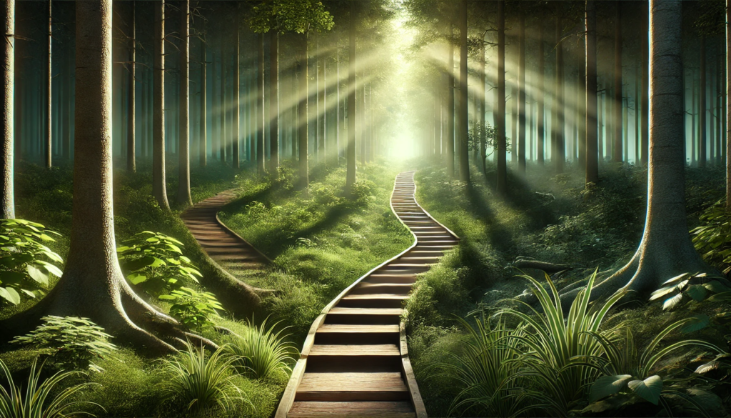 Diverging Forest Path Symbolizing Resilience vs. Coping A contemplative image of a forest path diverging into two directions: one winding and uphill, bathed in sunlight, symbolizing resilience and growth; the other straight and shadowed, representing coping and short-term survival.