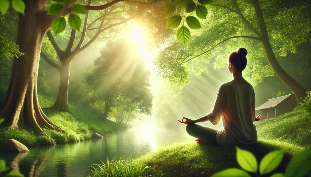 A calming scene of a person meditating outdoors in a serene nature setting, surrounded by lush green trees and a tranquil river, with warm sunlight filtering through the leaves, symbolizing emotional balance and tranquility.