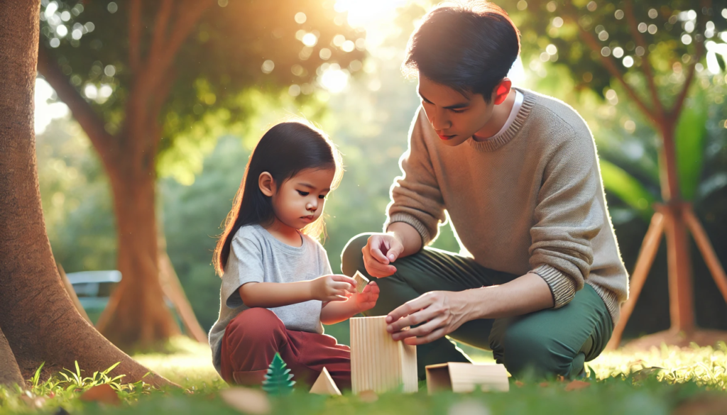 Parent and Child Learning Together: Building Resilience A heartwarming scene of a parent and child engaged in a problem-solving activity outdoors in a park, with lush greenery and soft sunlight, symbolizing the nurturing environment needed to foster resilience in children