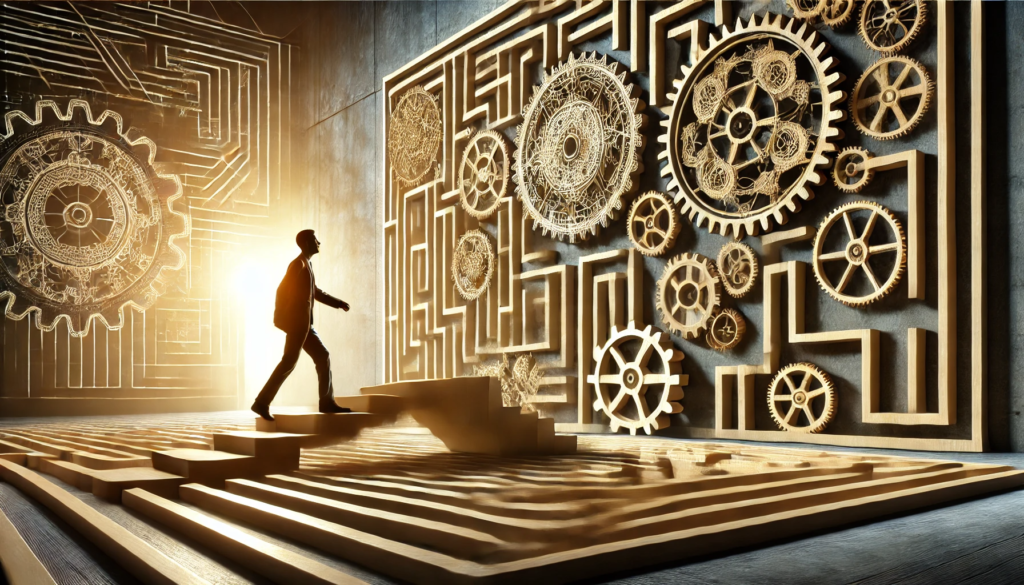 A symbolic image of a person navigating a maze made of interconnected gears and intricate patterns, representing the complexity of problem-solving and the mental resilience required to overcome challenges.