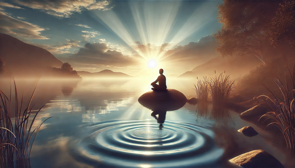 Serene Lake Scene: Resilience and Mental Health Connection A calming scene of a person sitting peacefully by a calm lake at sunrise, with soft sunlight and gentle ripples on the water, symbolizing the connection between resilience and mental health.
