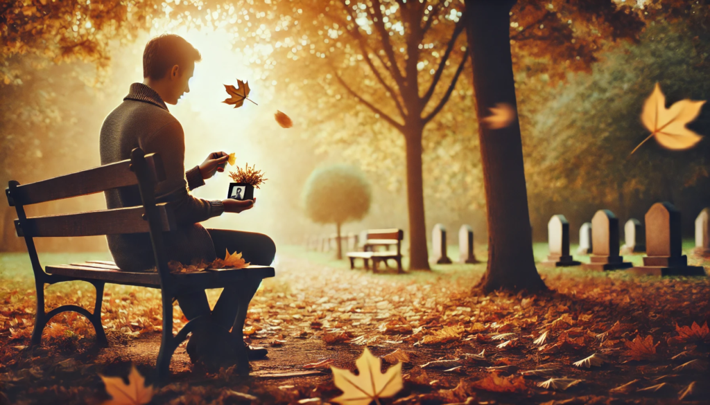 A thoughtful image of a person sitting alone on a bench in a peaceful autumn park, holding a memento and gazing at it in quiet reflection, with golden leaves falling around, symbolizing the process of coping with loss and finding meaning.