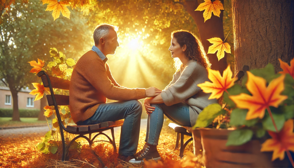 Heartfelt Conversation in Autumn: Resilient Relationships A couple sitting together on a bench in a park during autumn, surrounded by vibrant leaves and golden light, symbolizing the strength and support in resilient relationships