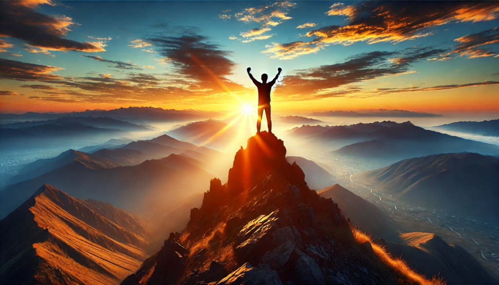 An inspiring image of a person standing confidently on a mountain peak at sunrise, silhouetted against the rising sun with arms raised in a victorious pose, symbolizing triumph, growth, and the power of resilience.