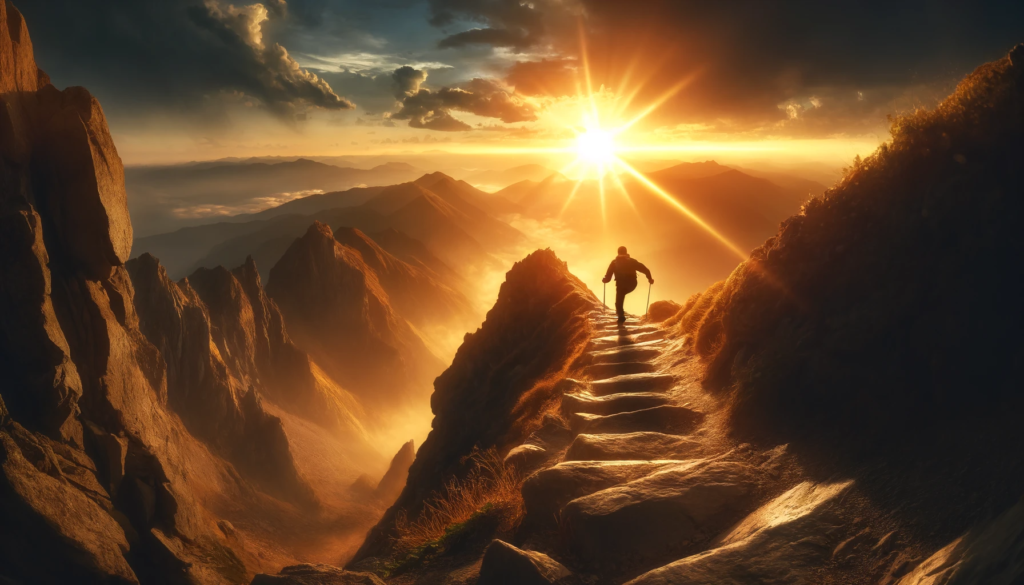 Climbing a Mountain at Sunrise: Resilience in Achieving Goals A determined person climbing a rugged mountain trail at sunrise, symbolizing the journey of achieving long-term goals through resilience and perseverance.