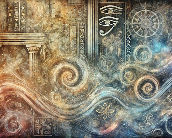 Abstract depiction of ancient symbols, swirling cosmic patterns, and mystical motifs, representing mythological themes and timeless legends for the Mythology section.