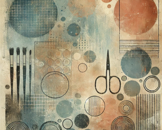 Abstract image with earthy tones, featuring subtle shapes like paintbrushes, scissors, and circular patterns. Designed to evoke the world of hobbies and crafts