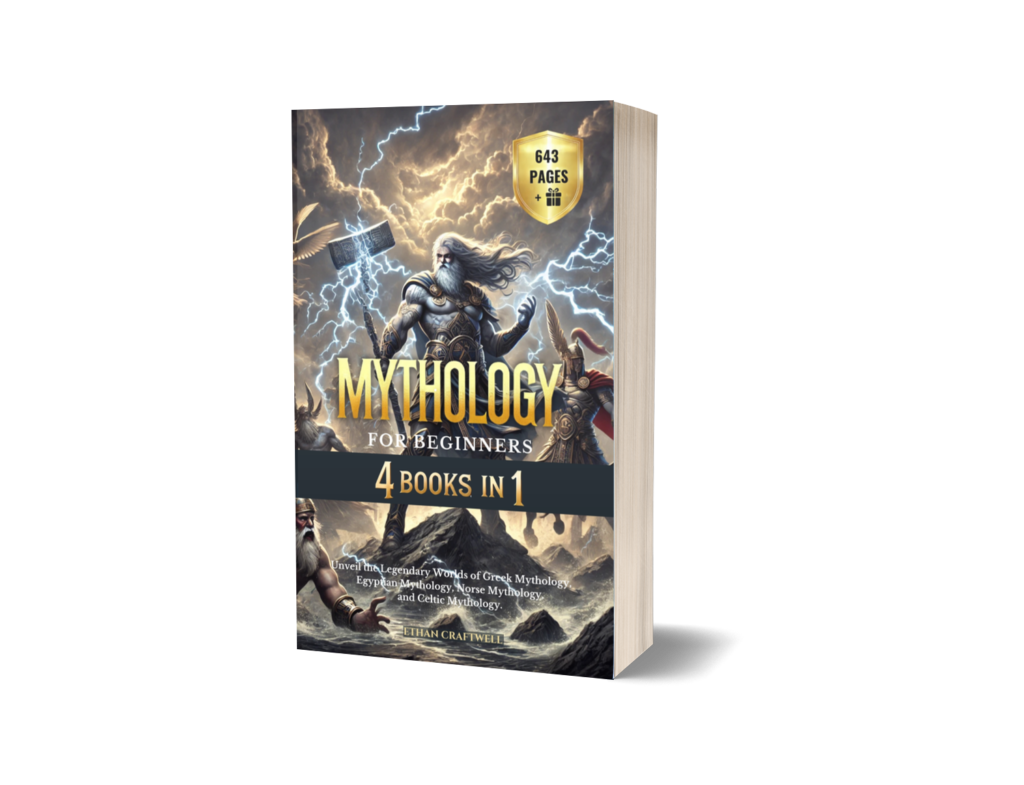 Mythology for Beginners: 4 Books in 1 - Book Cover featuring a powerful mythical figure holding a lightning hammer, with a stormy background and a badge displaying '643 pages'.