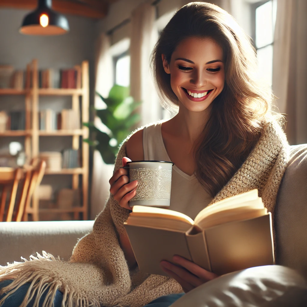 A woman sitting on a comfortable couch, wrapped in a soft blanket, smiling while reading a non-fiction book and holding a decorative cup of coffee.