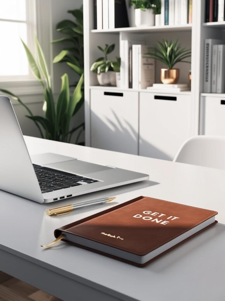 Modern Workspace with a Productivity Focus. A sleek, modern workspace featuring a laptop, a brown notebook with ‘Get It Done’ embossed on the cover, and a gold pen resting on a white desk