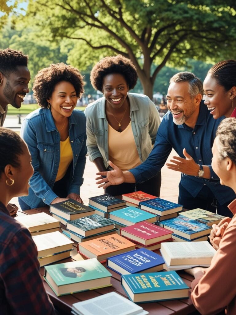 Non-Fiction Uniting Communities A diverse group of people gathered outdoors, smiling and discussing a variety of non-fiction books displayed on a wooden table.