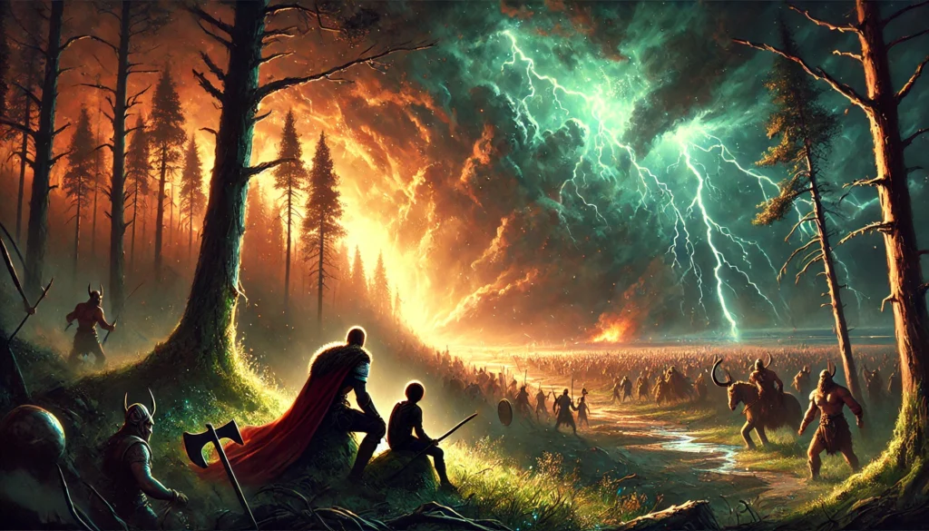 Mythological illustration of Ragnarok's beginning with Lif and Lifthrasir hiding in a glowing forest as gods battle and the world burns, symbolizing the Ragnarok modern relevance today.