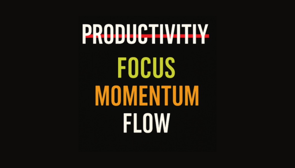 Visual concept showing productivity synonym alternatives like focus, flow, and momentum replacing the word productivity