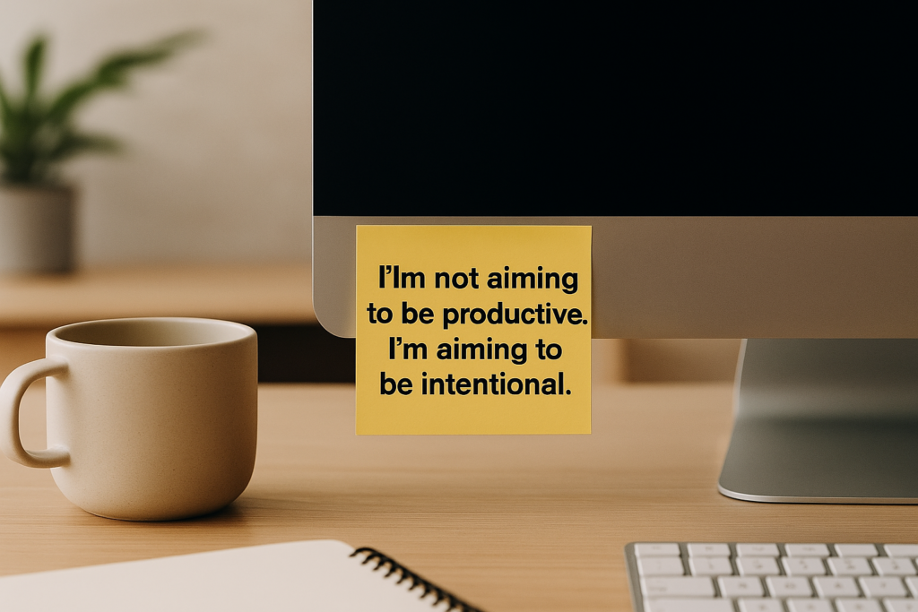 Quote image illustrating a shift from productivity to intentionality — a meaningful productivity synonym Desk scene with a quote saying ‘I’m not aiming to be productive. I’m aiming to be intentional’, representing a mindful productivity synonym