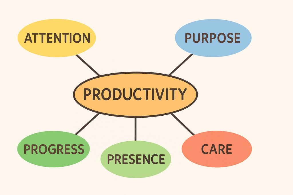 Word Map Illustration Scene: A clean visual chart or mind map branching out from “Productivity” to synonyms.