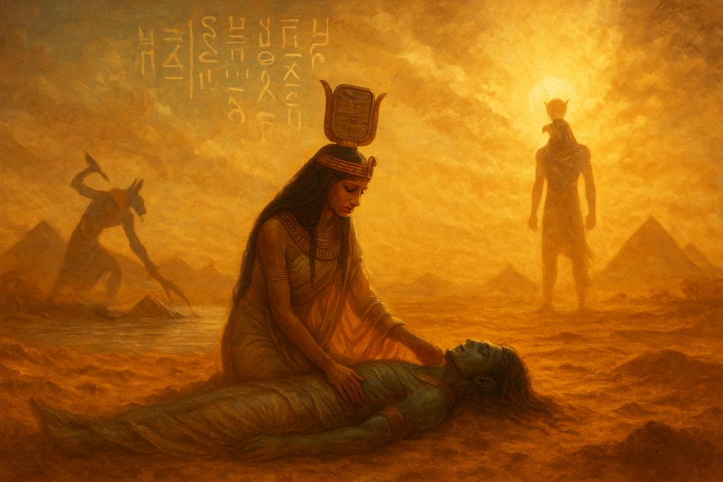 Osiris Isis Influence – Myth of Death, Mourning, and Rebirth Symbolic painting of the Osiris Isis influence: Set casting Osiris into the Nile, Isis mourning his body, and Horus rising in golden dawn light.