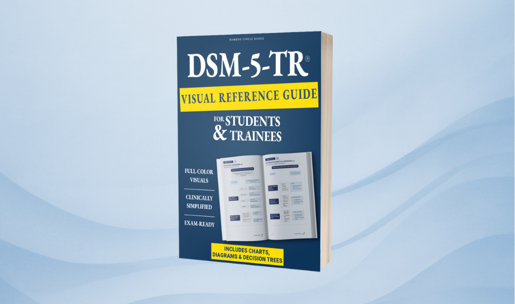 DSM-5-TR Visual Reference Guide book cover for students and trainees, featuring a clean blue design with bold typography.