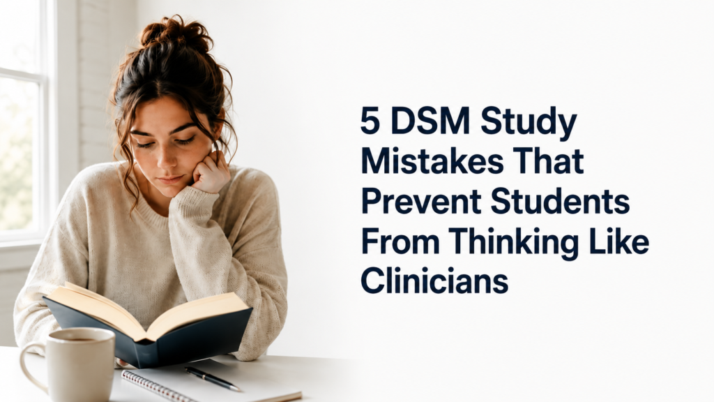 Psychology student studying diagnostic concepts from a DSM-5-TR study guide, highlighting common mistakes that prevent students from developing clinical reasoning and differential diagnosis skills.